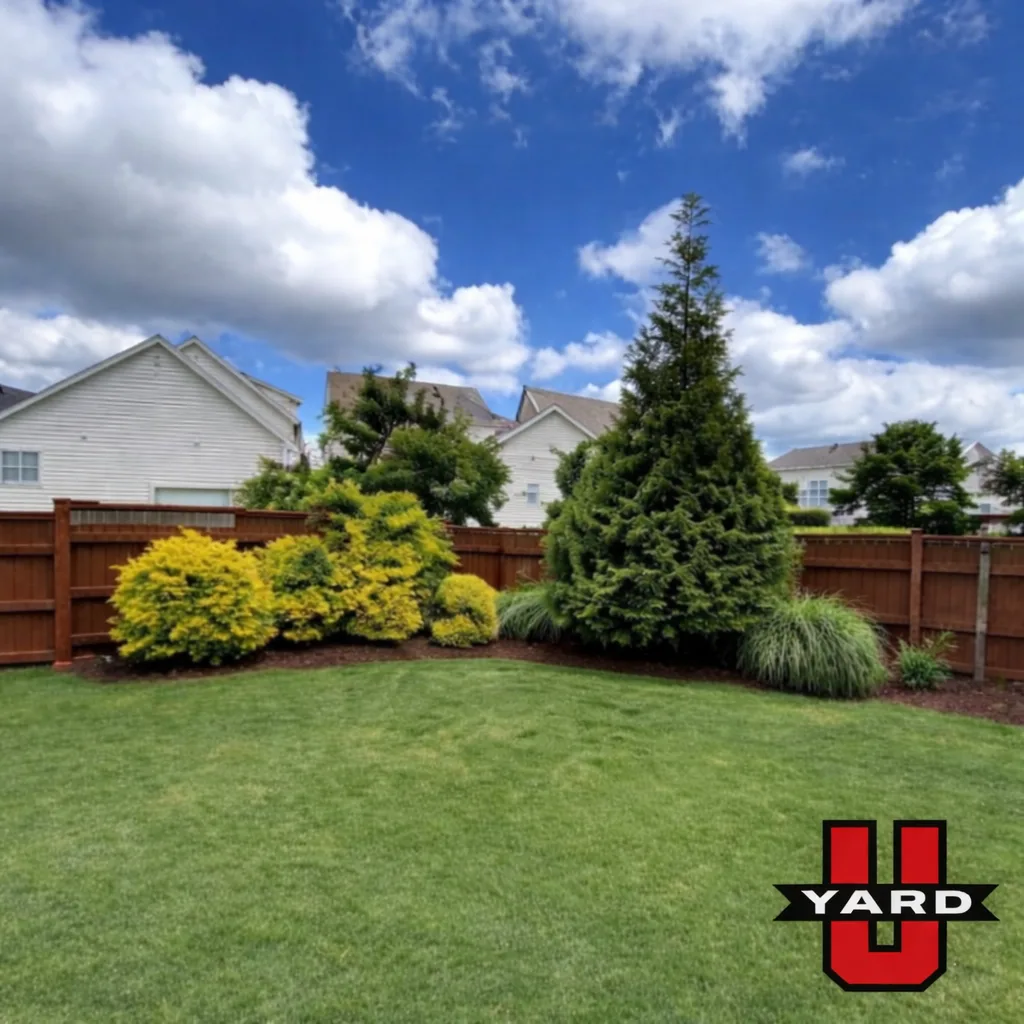 Backyard lawn and shrubs in a photo provided by YardU