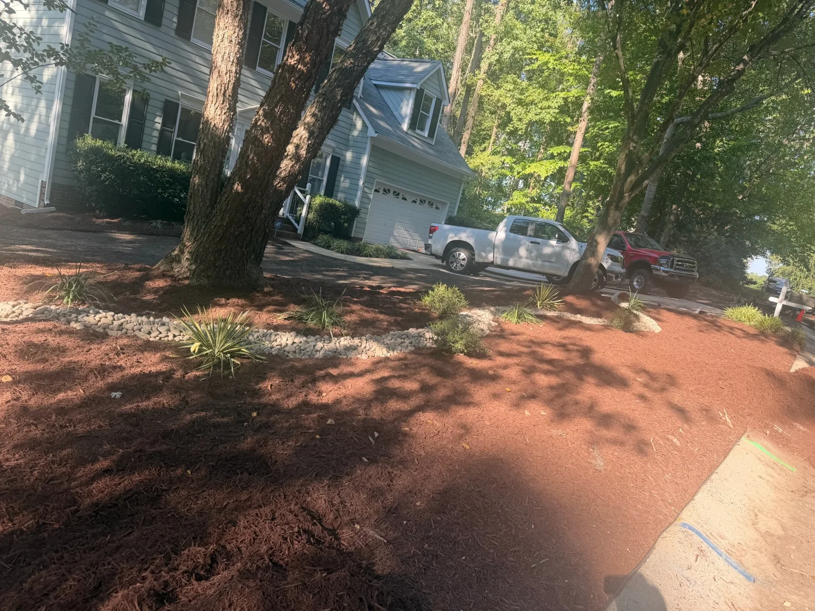 Pine straw in a landscape bed beside a driveway from YardU’s project album